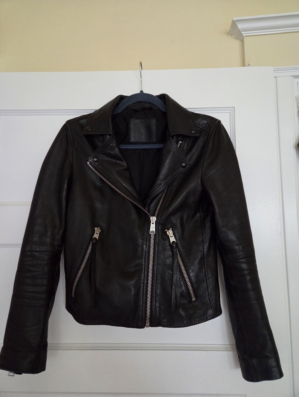 AllSaints Black Leather Asymmetric Zip Jacket